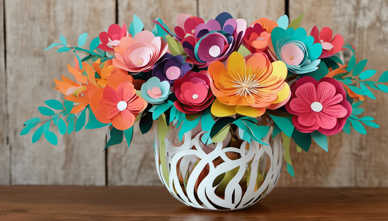 An image showcasing a Cricut Craft masterpiece: a meticulously cut paper bouquet adorned with intricately designed paper flowers in vibrant hues, gracefully arranged in a beautiful glass vase on a sunlit wooden table