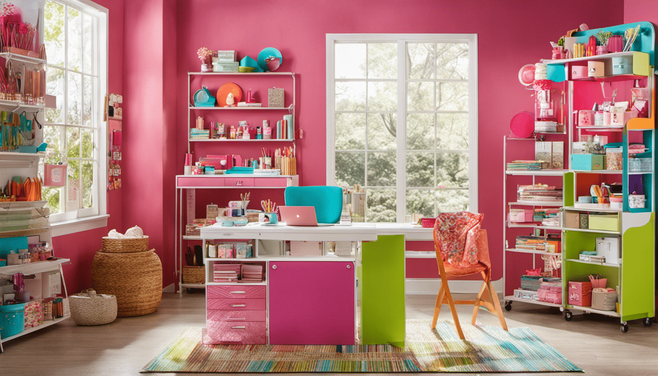 An image showcasing a Cricut Crafter's vibrant workspace, filled with an array of colorful vinyl sheets, precision cutting tools, and intricate paper crafts, beautifully arranged on a sleek crafting table