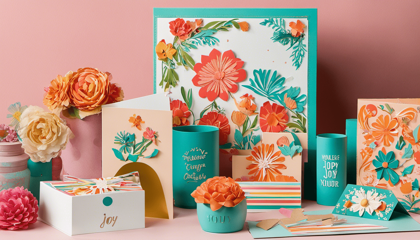 An image showcasing the versatility of the Cricut Joy by depicting a vibrant assortment of custom-made greeting cards, personalized labels, and intricate vinyl decals, all neatly arranged on a bright, well-lit workspace