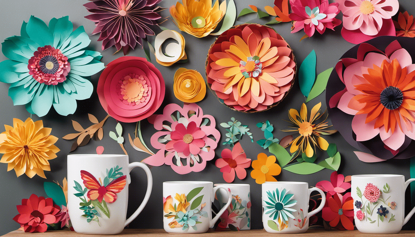 An image featuring a colorful assortment of intricately cut paper flowers, personalized vinyl decals adhered to mugs and notebooks, and beautifully crafted hand-lettered signs showcasing the latest trending Cricut projects