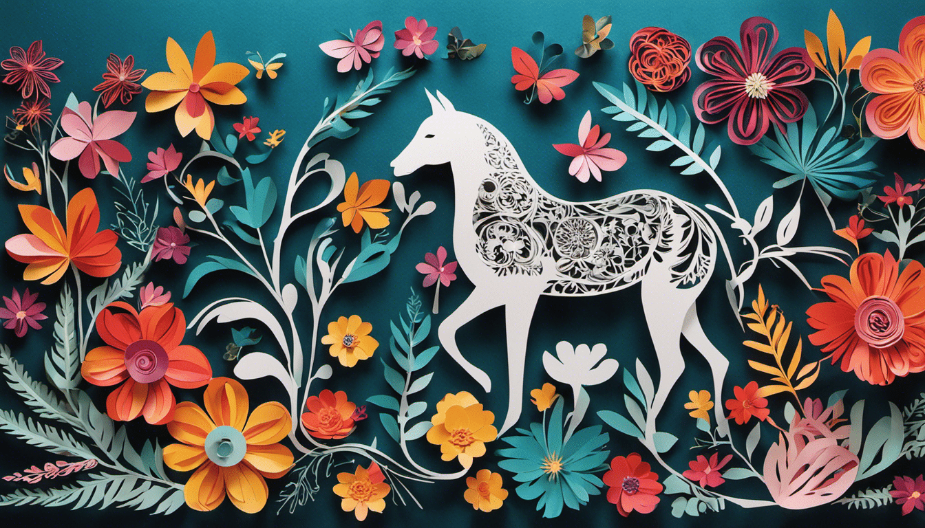 An image showcasing a vibrant and intricate paper-cut artwork, featuring meticulously crafted flowers, animals, and typography, all expertly designed using a Cricut machine