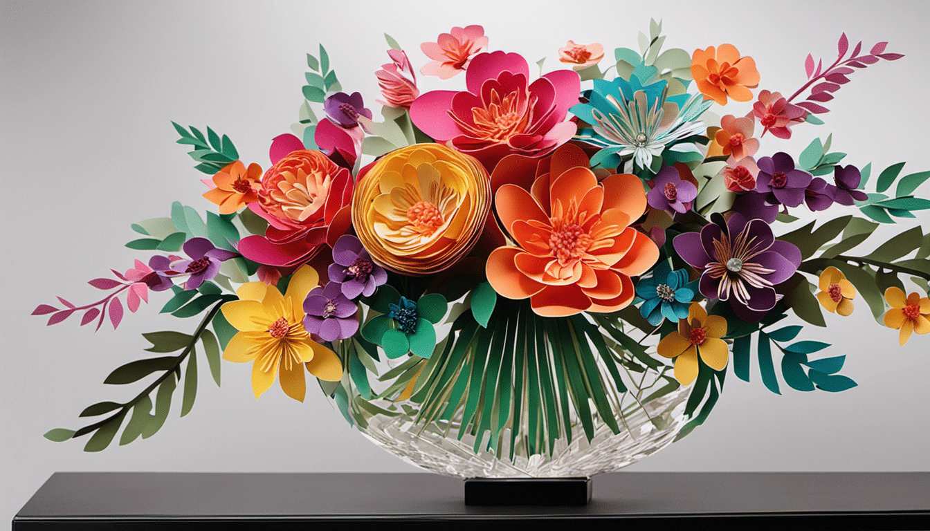 An image showcasing a vibrant array of intricately cut paper flowers arranged in a stunning bouquet, elegantly displayed in a transparent vase