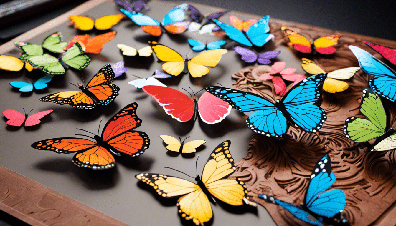 An image showcasing a vibrant, intricately designed vinyl decal being effortlessly crafted with a Cricut machine, as colorful cardstock butterflies delicately emerge from the cutting mat, ready to adorn any project