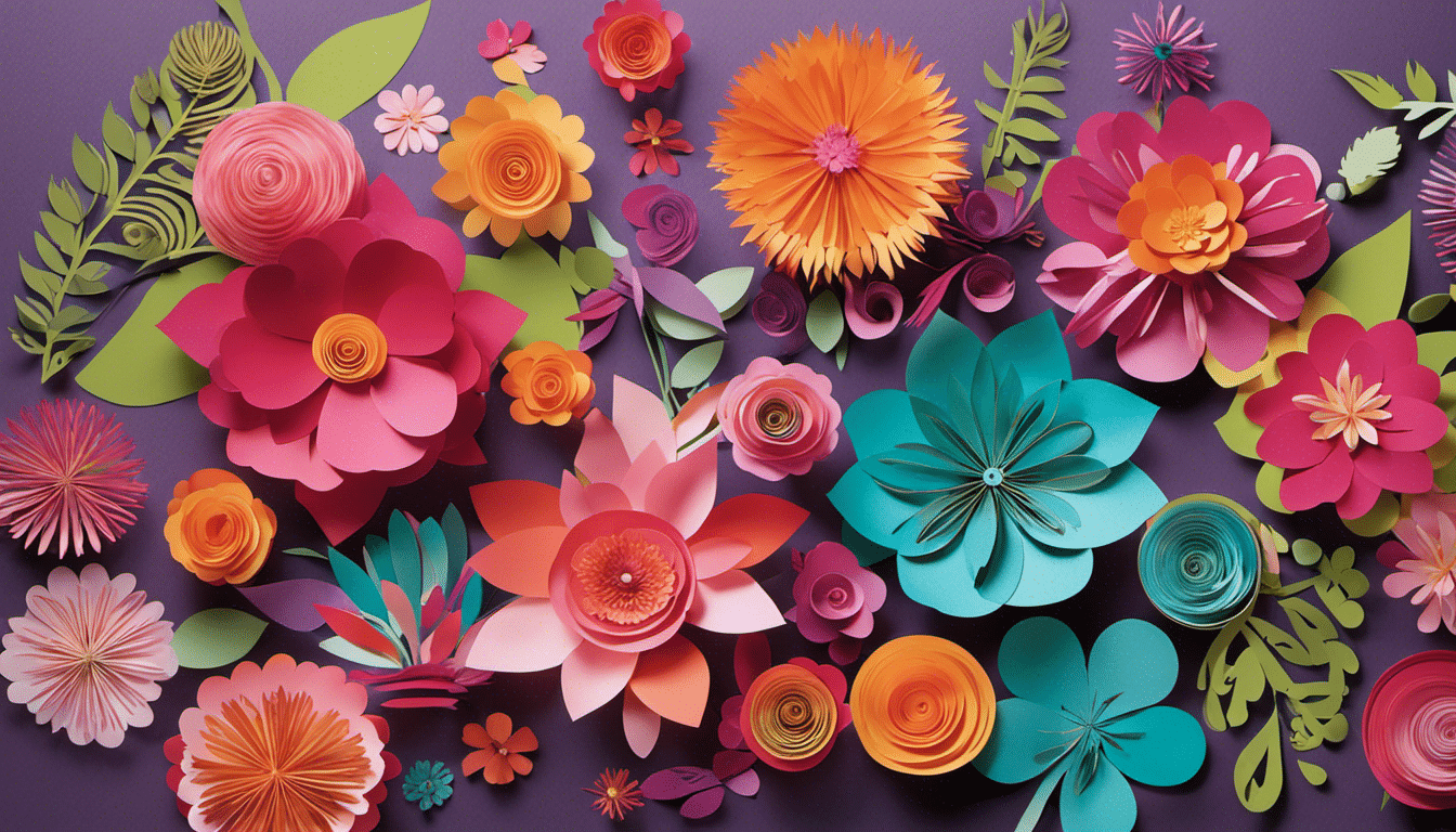 An image showcasing a vibrant assortment of intricately cut paper flowers, personalized vinyl decals for laptops, and elegantly crafted greeting cards, all made with Cricut, inviting readers to explore the world of endless crafting possibilities
