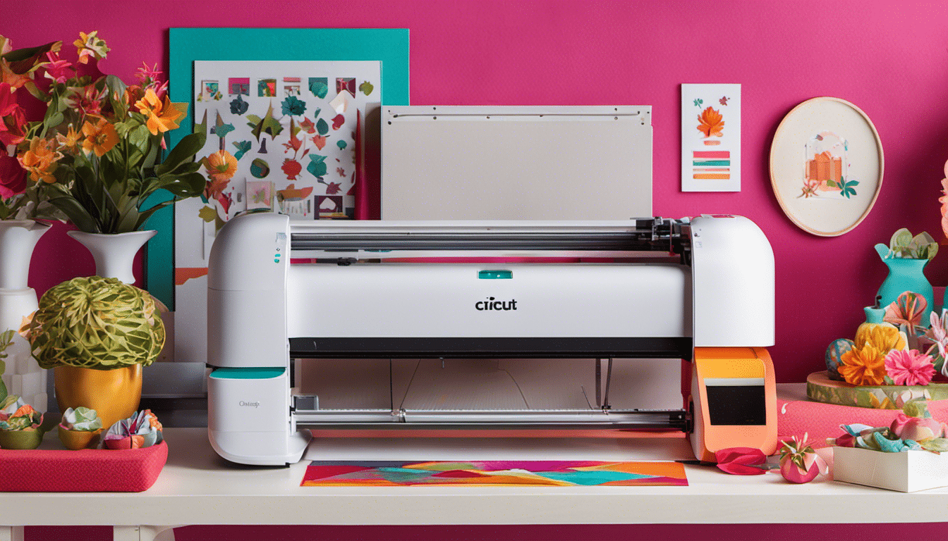 An image of a vibrant crafting scene showcasing a Cricut Maker in action