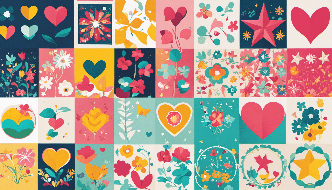 An image showcasing a collection of colorful SVG files with simple shapes like hearts, stars, and flowers