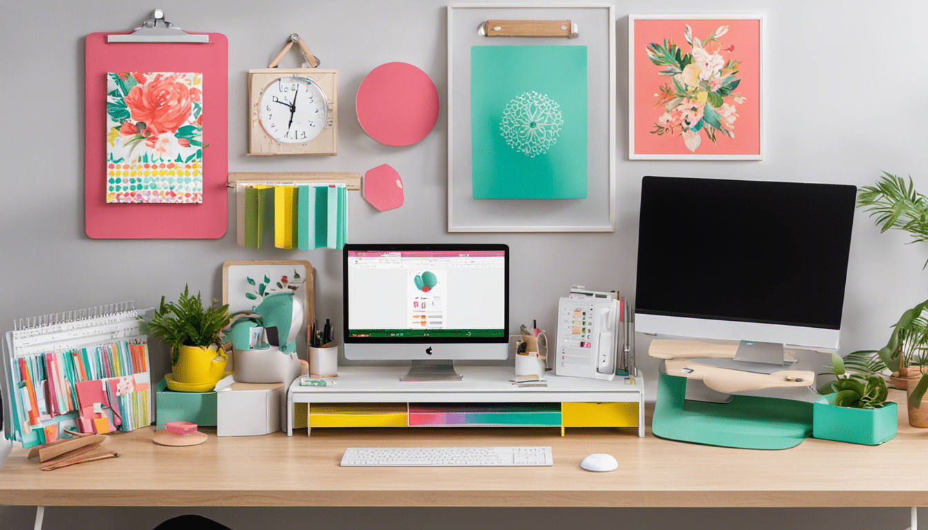An image showcasing a vibrant workspace with a computer screen displaying Cricut Design Space