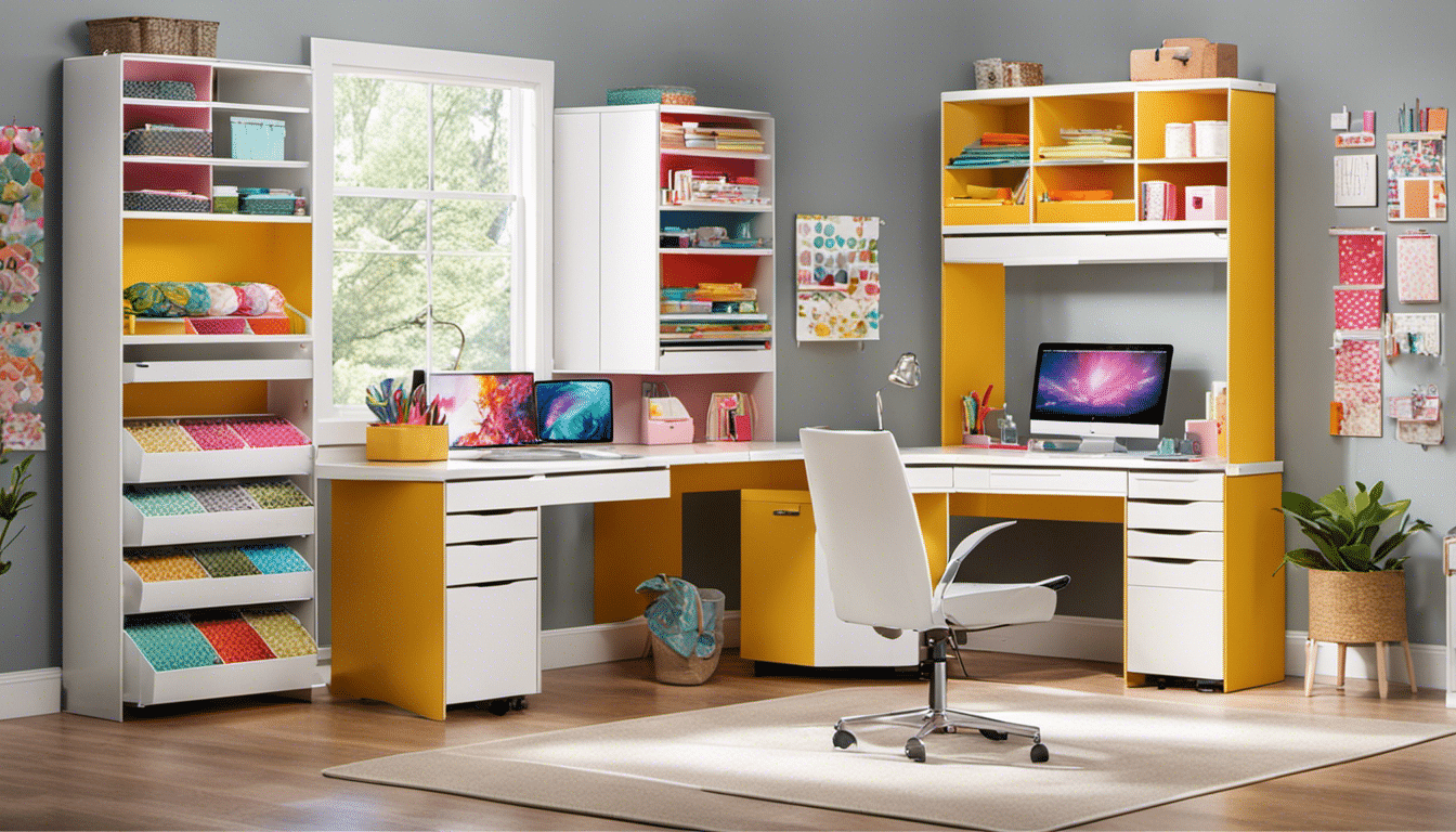 An image showcasing a perfectly organized craft room with a Cricut machine at the center, surrounded by neatly arranged vibrant SVG files, scissors, and finished projects, exemplifying effortless crafting efficiency
